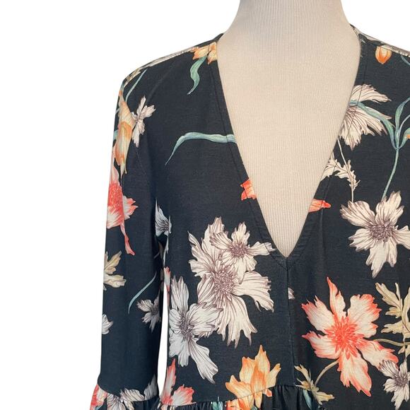 ASOS Navy Floral Dress Womens Size 8 Bell Sleeves Stretch Knit Boho Feminine - Picture 3 of 9